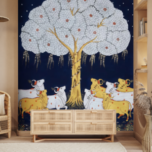Shyam Pichwai Indigo Cow Wallpaper