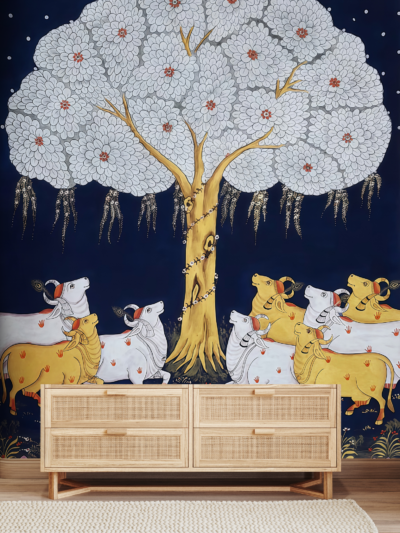 Shyam Pichwai Indigo Cow Wallpaper for Indian Interiors