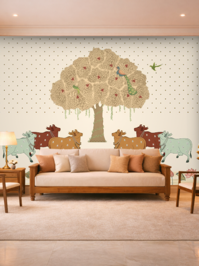 Kamdhenu Pichwai Cow Wallpaper – Indian Heritage Wall Mural
