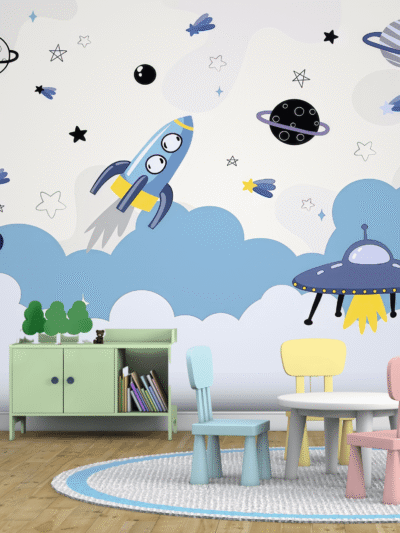 Cosmic Drift Space Kids Wallpaper for Calm Blue Bedrooms