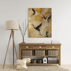 Golden Tori Birds Japanese Canvas