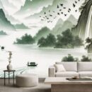 Green Tropical Valley River Wallpaper for Serene Living Rooms