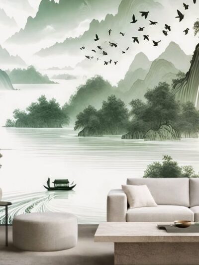 Green Tropical Valley River Wallpaper for Serene Living Rooms
