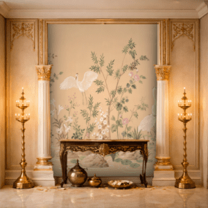 White Cranes Floral Beige Elegance Wallpaper