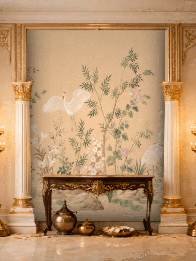 White Cranes Floral Beige Elegance Wallpaper – Botanical Wall Mural