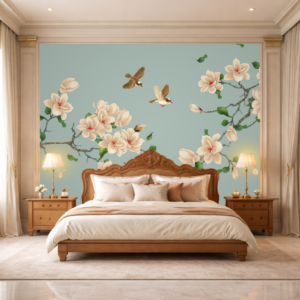 Pastel Blue Blossom Birds Serenity Wallpaper