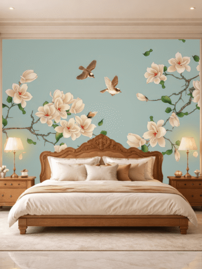 Pastel Blue Blossom Birds Serenity Wallpaper – Floral Wall Mural