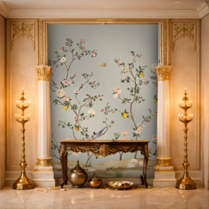 Pastel Blue Floral Bird Branch Wallpaper