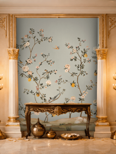 Pastel Blue Floral Bird Branch Wallpaper – Nature Wall Mural