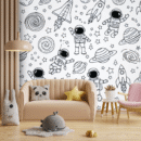 Black & White Astronaut Space Doodle Wallpaper – Kids Room Wall Mural