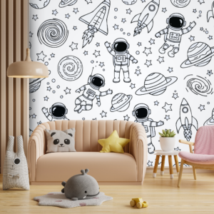 Black White Astronaut Space Doodle Wallpaper