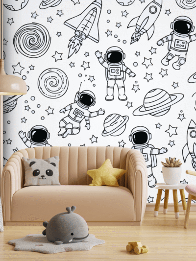 Black & White Astronaut Space Doodle Wallpaper – Kids Room Wall Mural