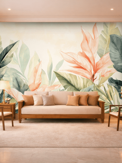 Pink Peach Tropical Trees Tall Wallpaper – Botanical Wall Mural