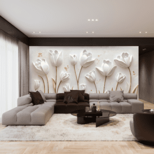 3D White Tulip Floral Living Room Wallpaper