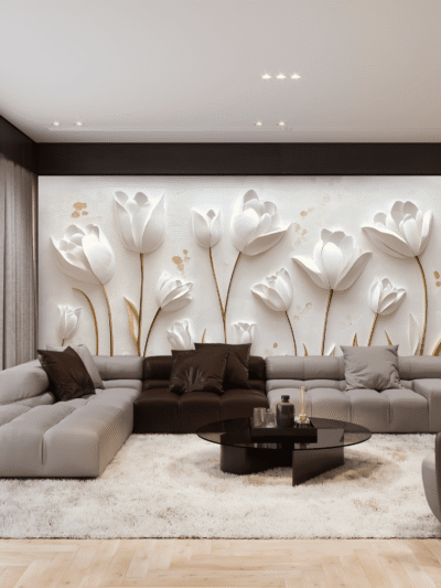 3D White Tulip Floral Wallpaper for Elegant Living Rooms