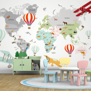 Cartoon World Map Kids Room Wallpaper