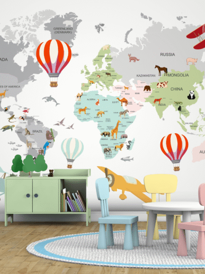 Cartoon World Map Educational Kids Wallpaper for Playrooms