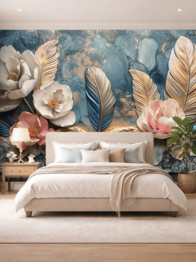 Luminous Dark Blue Floral Elegance Wallpaper – Botanical Wall Mural
