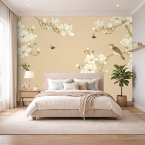 Beige Blossom Birds Serenity Wallpaper