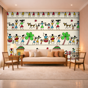 Minimal Warli Tribal White Heritage Wallpaper
