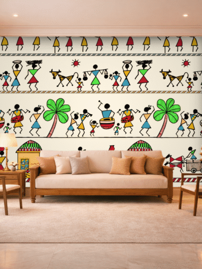 Minimal Warli Tribal White Wallpaper – Custom Indian Mural