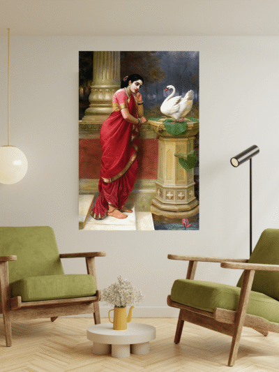 Graceful Saree Muse With Swan Canvas Art – Vintage Indian Wall Decor
