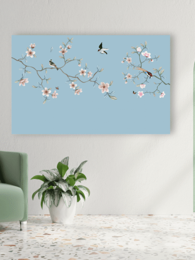 Sky Blue Floral Birds Elegant Canvas Art for Calm Bedrooms
