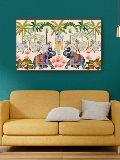 Krishna Pichwai Elephant Canvas Art – Traditional Indian Wall Decor