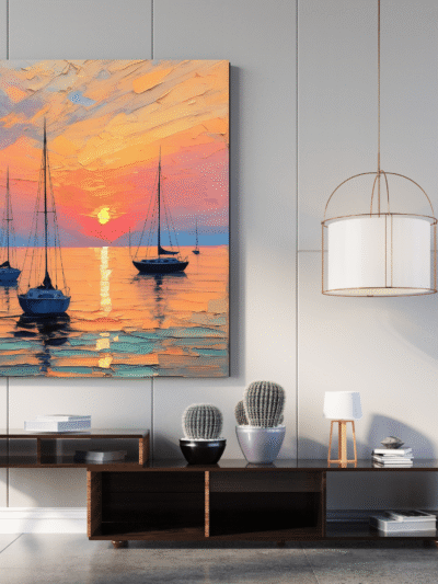 Boat At Dusk Gradient Sky Canvas Art – Serene Landscape Wall Decor