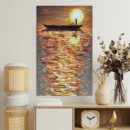 Golden Lake Sunrise Boat Canvas Art – Serene Landscape Wall Decor