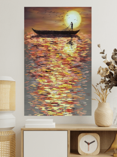 Golden Lake Sunrise Boat Canvas Art – Serene Landscape Wall Decor