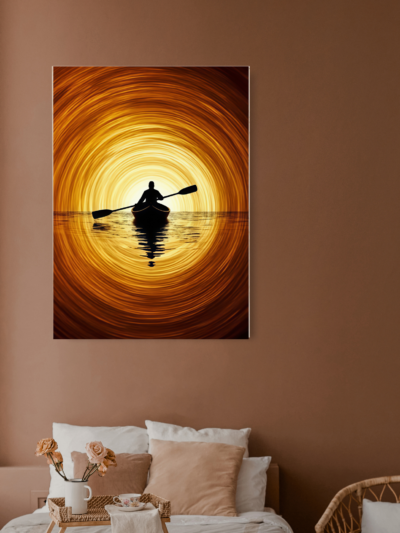 Silhouette Boatman Sunset Reflection Canvas Art for Contemplative Interiors