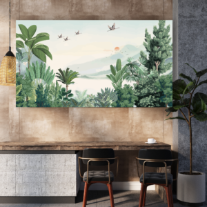 Tropical Mountain Landscape Birds Scenic Canvas Frame