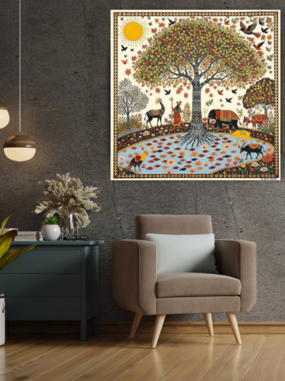 Madhubani Tree Animals Folk Canvas Art for Cultural Interiors