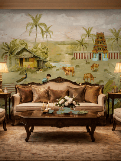 WallStorie Sacred South Indian Temple Wallpaper - Traditional Gopuram & Landscape Wall Mural for Puja Room & Living Room