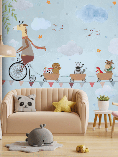 WallStorie Playful Cycling Cartoon Wallpaper - Bicycle & Sky Kids Wall Mural for Nursery & Playroom
