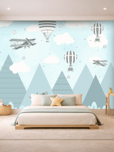 WallStorie Blue Sky Airplanes Kids Wallpaper - Flying Airplane Wall Mural for Playroom & Nursery