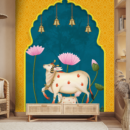 WallStorie Bright Pichwai Cow Yellow Blue Wallpaper - Traditional Indian Art Wall Mural for Mandir & Living Room