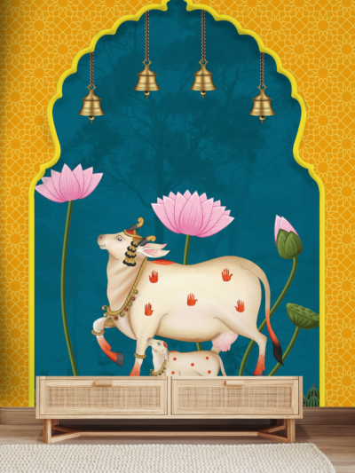 WallStorie Bright Pichwai Cow Yellow Blue Wallpaper - Traditional Indian Art Wall Mural for Mandir & Living Room