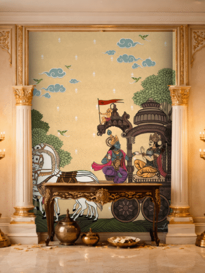 WallStorie Mahabharat Krishna Chariot Wallpaper - Lord Krishna & Arjun Epic Scene Mural for Prayer Room & Living Room
