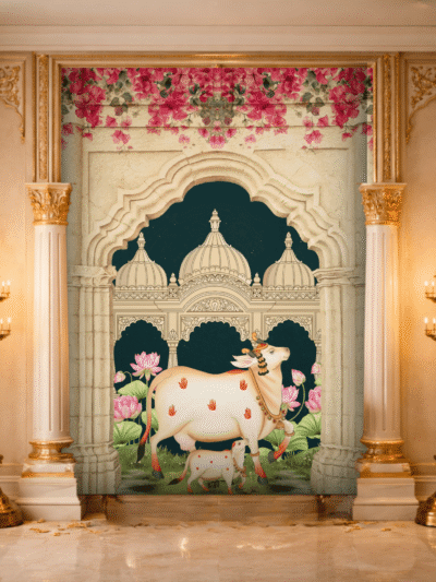 WallStorie Arch Night Sky Pichwai Cow Wallpaper - Spiritual Sacred Cow Wall Mural for Mandir & Puja Room