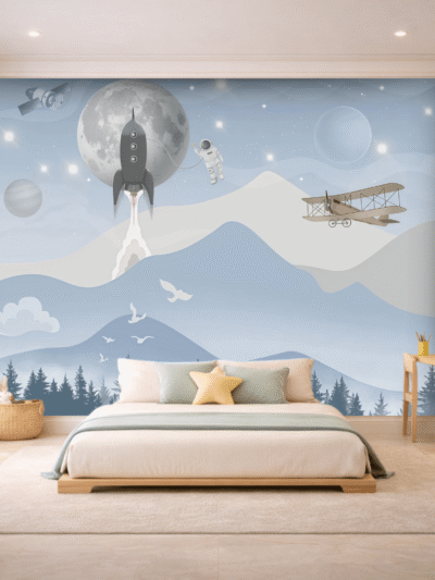 WallStorie Pastel Space Adventure Kids Wallpaper - Astronaut & Rocket Mural for Nursery & Playroom