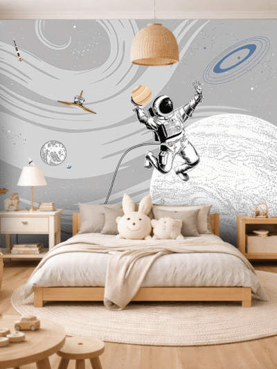 Grey Galaxy Floating Astronaut Kids Wallpaper for Modern Rooms