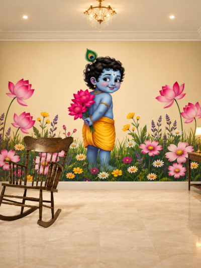 Divine Little Krishna Lotus Garden Wall Mural
