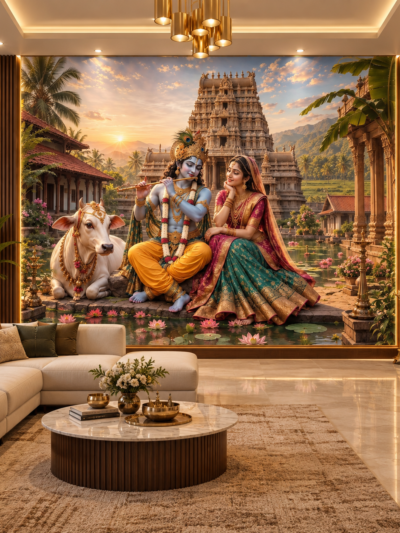 Divine Radha Krishna Temple Serenade Wall Art Wallpaper